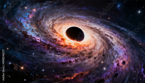 Vector illustration of a black hole in the center of a spiral galaxy.