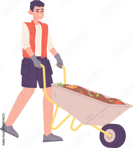 Boy push wheelbarrow. Gardening person color character