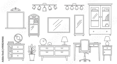 A collection of furniture and home decor items in a detailed line drawing