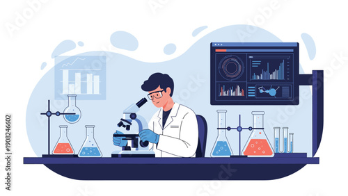 Focused male scientist in a lab coat and glasses, using a microscope and surrounded by scientific equipment, performing experiments in a bright laboratory.