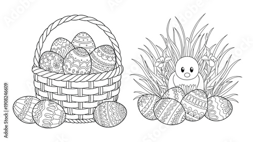 Adorable black and white coloring page featuring a basket filled with patterned Easter eggs and a cute chick hiding among more eggs in grass.