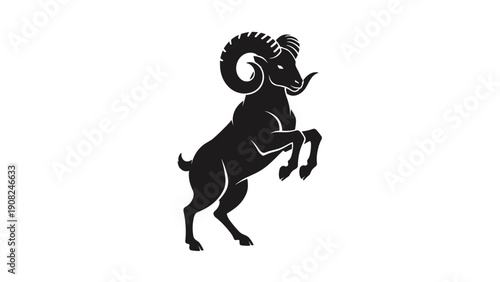 Powerful black silhouette of a ram or bighorn sheep standing majestically on its hind legs, showcasing strength and the wild spirit of the animal.