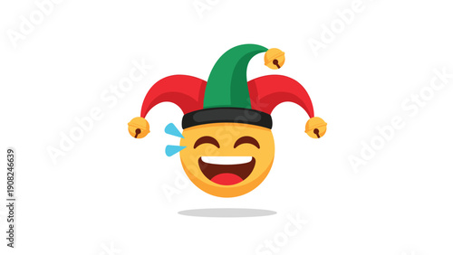Adorable jester emoji with a colorful hat and bells, laughing heartily with tears of joy, symbolizing humor, fun, and lightheartedness.