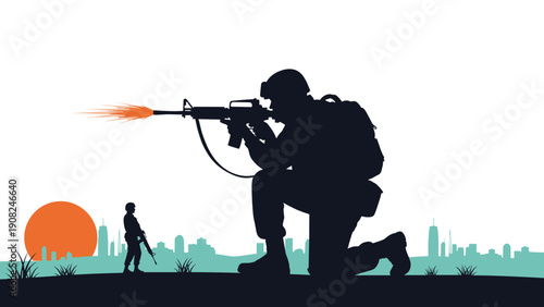 Intense silhouette of soldiers in an urban combat zone, one kneeling and firing a rifle, with a cityscape and sunset in the background, depicting military action.