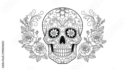 Intricate black and white coloring page featuring a decorative sugar skull adorned with elaborate floral patterns, perfect for Day of the Dead celebrations.