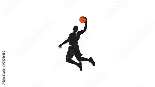 Dynamic silhouette of a basketball player in mid-air performing a powerful dunk, with a vibrant orange basketball, showcasing athletic prowess and intense action.