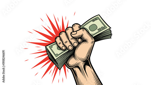 Vibrant pop art illustration of a clenched fist powerfully holding a wad of cash, symbolizing wealth, success, finance, and the pursuit of money.