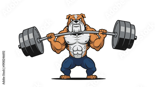 Muscular bulldog mascot, wearing blue shorts, confidently lifting a heavy barbell, symbolizing strength, determination, and a powerful athletic spirit.