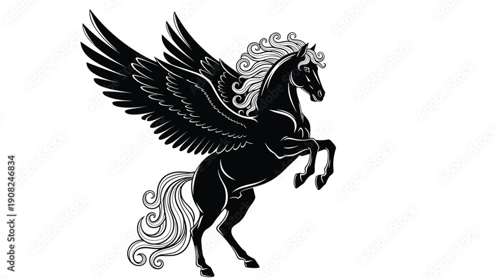 Obraz premium Majestic black silhouette of Pegasus, the mythical winged horse, rearing elegantly, symbolizing freedom, inspiration, fantasy, and legendary power.