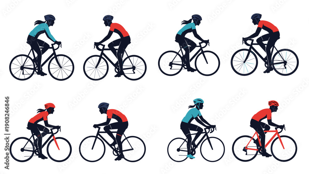 Obraz premium Collection of dynamic silhouettes depicting male and female cyclists in various riding positions, showcasing speed, endurance, and the active lifestyle of biking.
