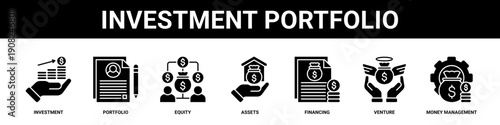Investment Portfolio web banner icon set collection solid style.