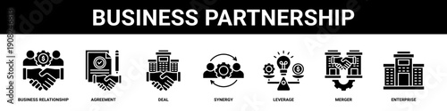 Business Partnership web banner icon set collection solid style.