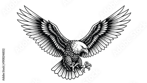 Majestic vintage engraving of a powerful eagle with its wings fully spread in flight, symbolizing freedom, strength, vision, and natural beauty.