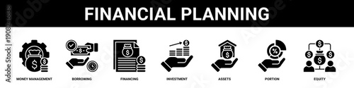 Financial Planning web banner icon set collection solid style.
