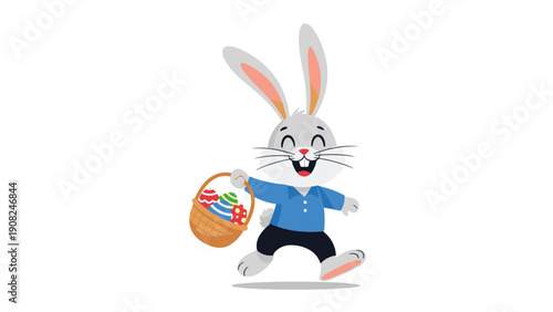 Adorable cartoon Easter bunny with big ears, cheerfully hopping and holding a basket full of decorated Easter eggs, symbolizing spring and holiday joy.