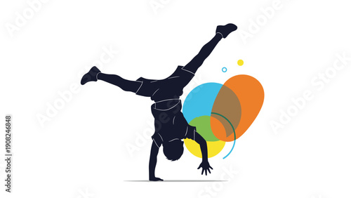 Dynamic silhouette of a boy doing a handstand, balanced on one hand, surrounded by colorful abstract shapes, symbolizing agility, playfulness, and acrobatic skill.