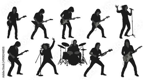 Dynamic collection of black silhouettes depicting rock band members in various energetic poses, playing guitars, drums, and singing, perfect for music-related themes.