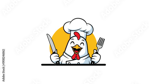 Adorable cartoon chef chicken wearing a toque, happily holding a knife and fork, peeking over a surface, perfect for restaurant and food-related designs.