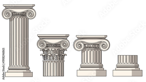 Detailed line art illustration of a set of four ancient Greek columns in various orders, showcasing classical architecture, history, and structural elegance.