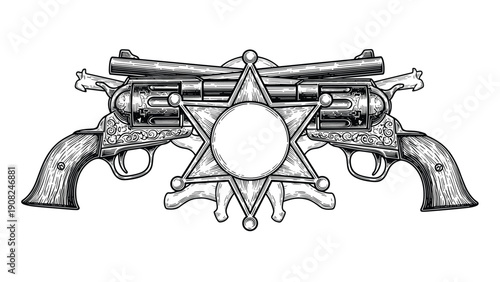 Classic vintage illustration featuring two crossed revolvers behind a prominent sheriff star badge, symbolizing Western law, justice, and the wild west era.