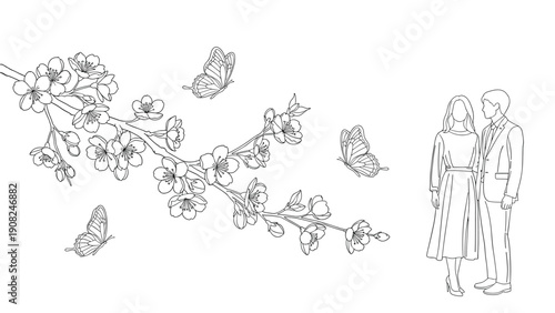 Delicate line art illustration featuring beautiful cherry blossoms, flying butterflies, and an elegant couple in outline, symbolizing spring romance and natural beauty.