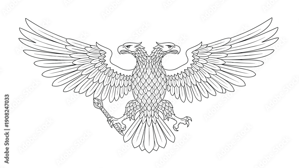 Obraz premium Ornate heraldic double-headed eagle with spread wings and two crowns, drawn in a classic engraving style, representing royalty and power.