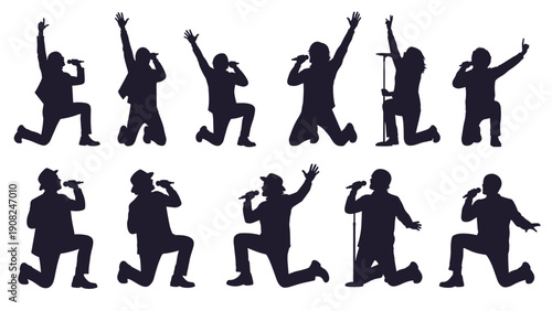 Set of male and female singer silhouettes in different kneeling positions, holding microphones and passionately performing on stage.