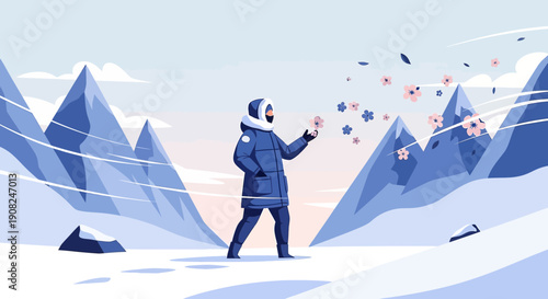 Winter Scene with Person and Blooming Flowers in Snowy Landscape