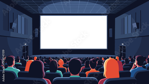 Rear view of a diverse group of people seated in a cinema hall, with an empty screen, ready for a film projection or presentation.
