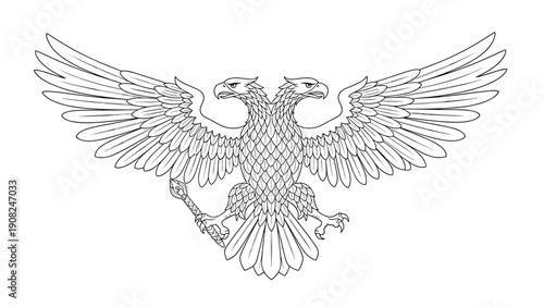 Ornate heraldic double-headed eagle with spread wings and two crowns, drawn in a classic engraving style, representing royalty and power.
