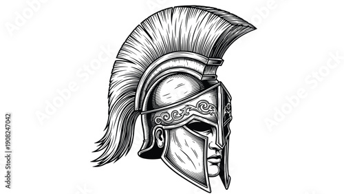 Classic Roman or Greek military helmet, intricately drawn in an antique engraving style, representing historical combat and heroism.