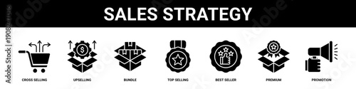 Sales Strategy web banner icon set collection solid style.