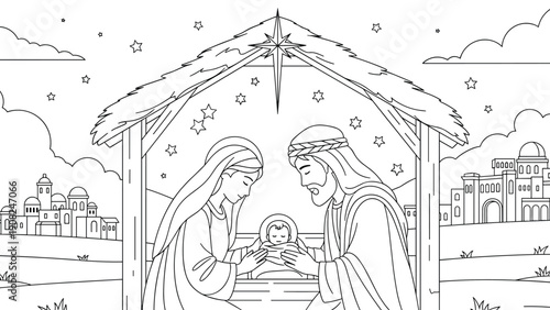 Traditional Christmas Nativity scene outline drawing, featuring Mary, Joseph, and the infant Jesus in a manger, with Bethlehem in background.