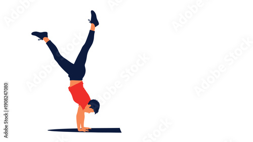 Energetic illustration of a man doing a handstand, demonstrating impressive physical strength and core stability during a workout.