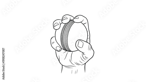 Precise outline drawing of a hand holding a cricket ball, showcasing the seam and grip, for sports illustrations or instructional guides.
