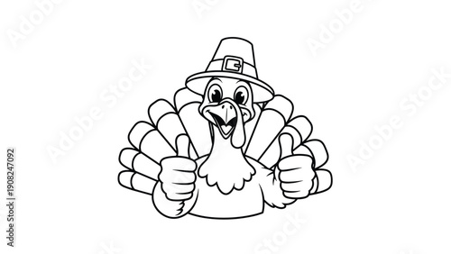Friendly outline drawing of a Thanksgiving turkey mascot in a pilgrim's hat, showing positive approval with both thumbs up.