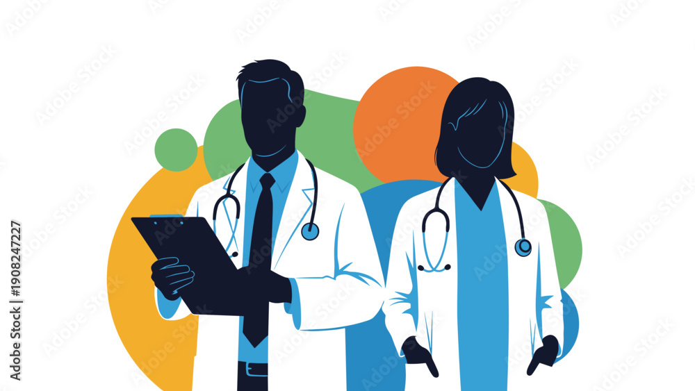Fototapeta premium Diverse healthcare professionals, including male and female doctors, depicted as silhouettes with medical equipment, on an abstract background.