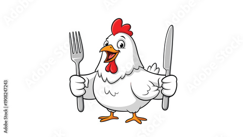 Friendly animated rooster holding dinner cutlery, a knife and a fork, with an open mouth, eager for a delicious meal.