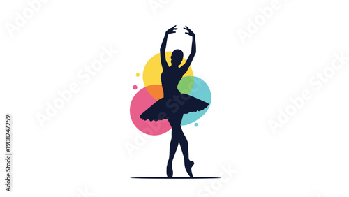 Artistic vector graphic of a female ballet dancer in a classic pose, set against a backdrop of cheerful abstract geometric shapes.