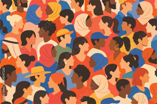 Flat illustration pattern of diverse people shown in side profile. Colorful characters representing diversity, inclusion, community, and social connection.
