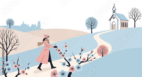 Winter Walk to Church: Woman in Pink Coat Amidst Blooming Trees