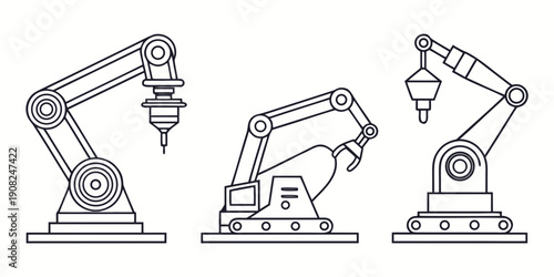 Collection of three industrial robotic arms depicted in a clean, modern line art style