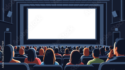 Rear view of a diverse group of people seated in a cinema hall, with an empty screen, ready for a film projection or presentation.