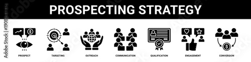 Prospecting Strategy web banner icon set collection solid style.