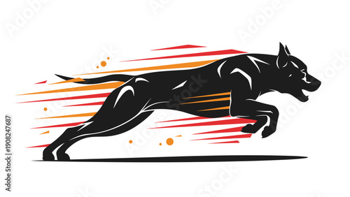 Energetic vector graphic depicting a fast-moving canine, possibly a greyhound or hunting dog, with abstract motion blur effect.