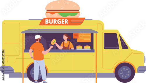 Burger truck. Man buy fast food on city street