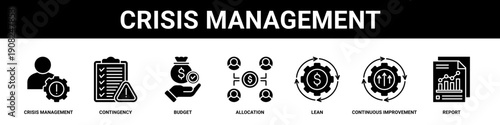 Crisis Management web banner icon set collection solid style.