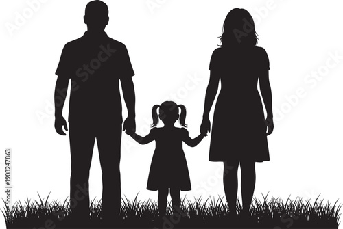 Black and white silhouette of a happy young family with father mother and small daughter holding hands while standing together in a grassy meadow.