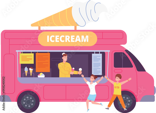 Ice cream truck. Happy kids run for fast food
