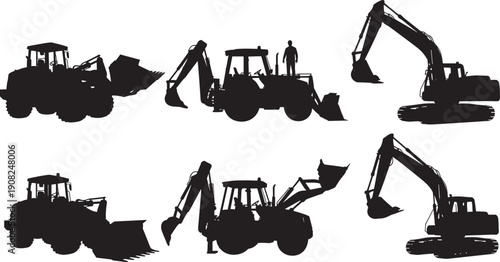 Black and white silhouette of a large hydraulic excavator loading soil into a heavy dump truck for construction site excavation and industrial earthmoving projects.